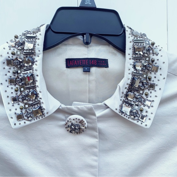 Lafayette 148 Bone Ivory Lined Silk Blazer Embellished Classic Collar | Size 4 - Picture 3 of 14